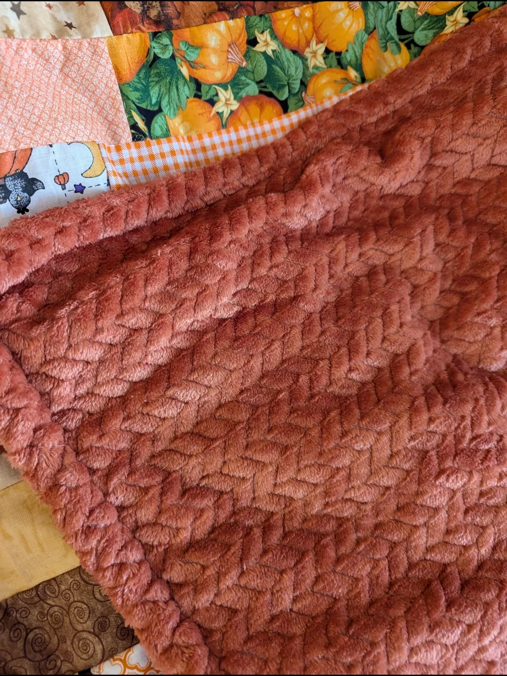 Autumn Harvest Patchwork Quilt – Orange, Brown & Cream Soft Fleece Back